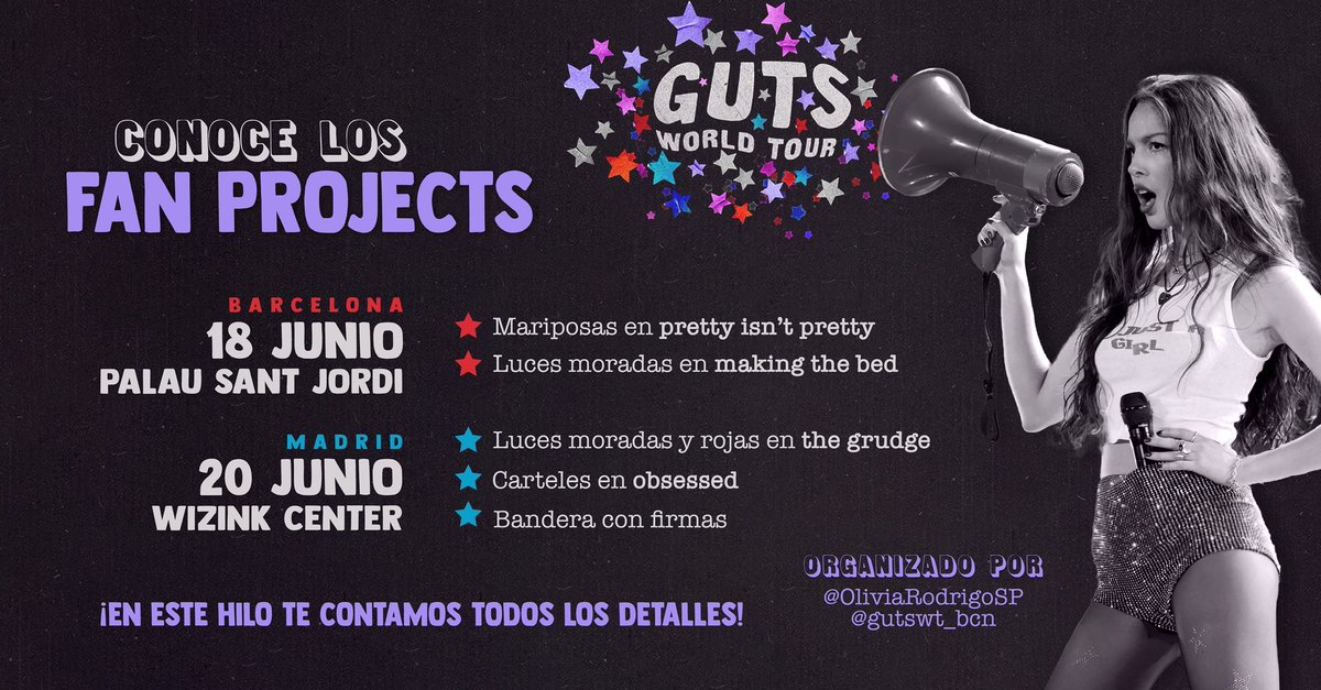 ⭐️📣 ¡Estos son los FAN PROJECTS para los conciertos del GUTS World Tour en España! #GUTSWorldTourBarcelona #GUTSWorldTourMadrid 🇪🇸

— En este hilo os dejamos todos los detalles. ¡Ayúdanos a difundirlo!

Link a los recursos: linktr.ee/oliviarodrigosp