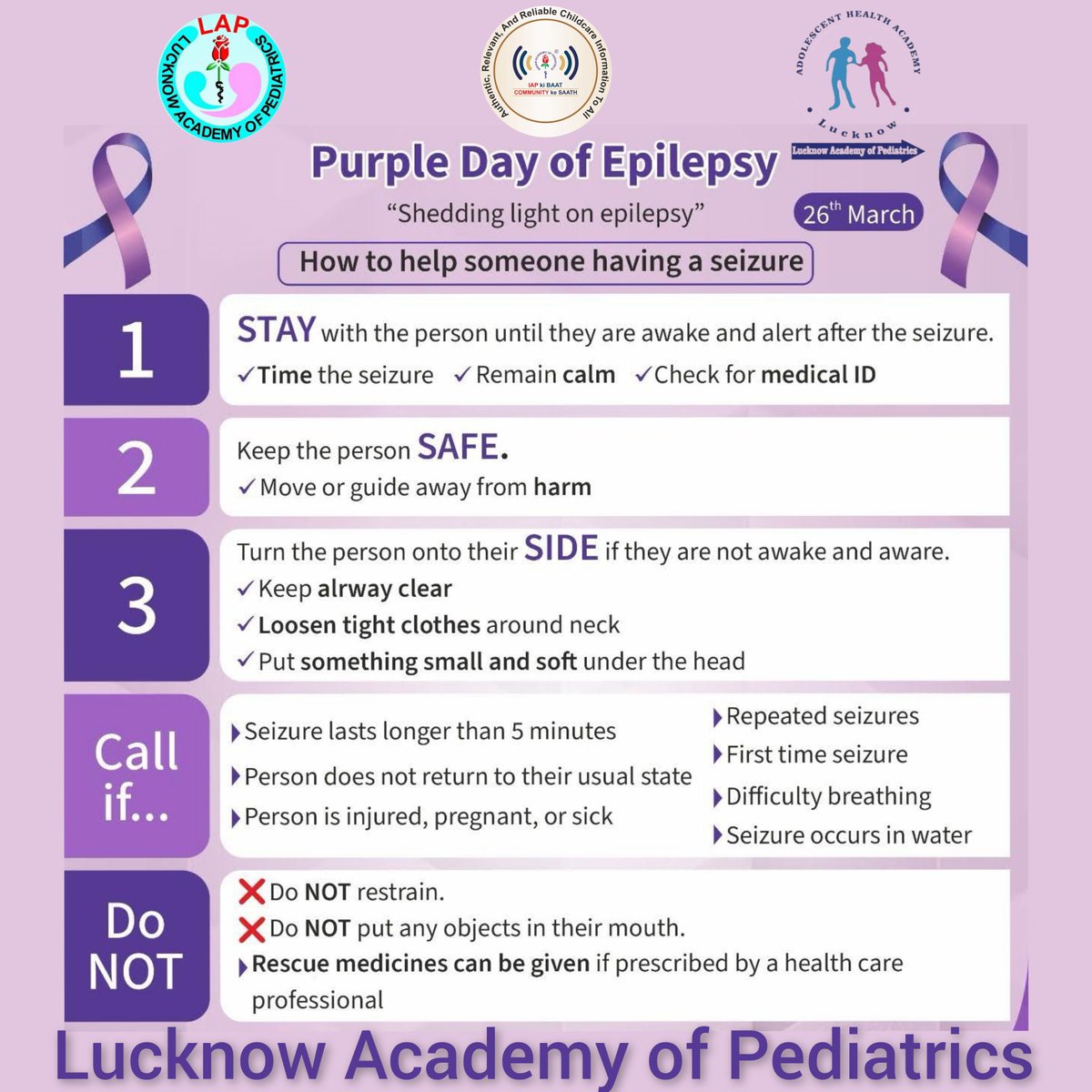 #LAP #IAP #IAPlucknow #LAHA #AHA #lucknowacademyofpediatrics #LNF #NNF  #IAPkiBaatCOMMUNITYkeSaath #PurpleDayOfEpilepsy #epilepsyawareness #epilepsysupport #epilepsywarrior #Epilepsy #seizureawareness #seizurefirstaid #SheddingLightOnEpilepsy #EpilepsyAwarenessDay #Neurology