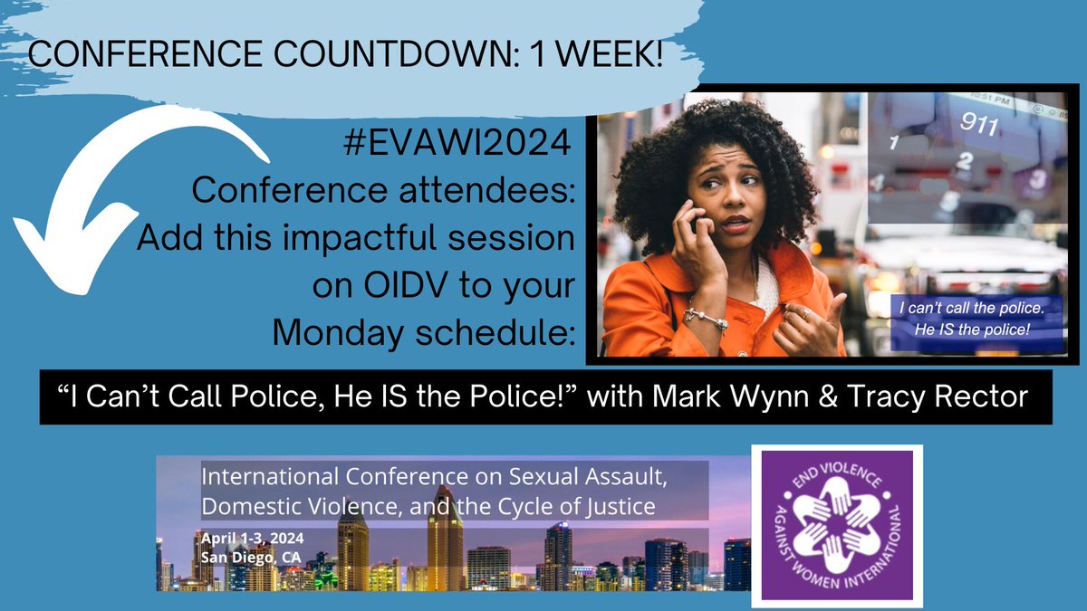 TracyRector1's tweet image. Are you coming to San Diego next week to #evawi2024? Join us Monday afternoon-Mark Wynn &amp;amp; I will be talking about #OIDV. #domesticviolence #sandiego