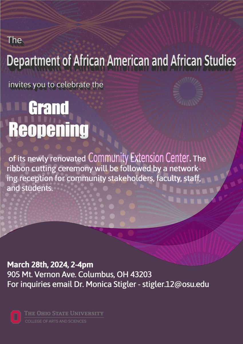 Grand Reopening of the African American and African Studies Community Extension Center is one March 28th, 2024 at 2-4pm. The CEC is a significant point of pride for the community and University. The grand reopening signifies a major relaunch for the Center.