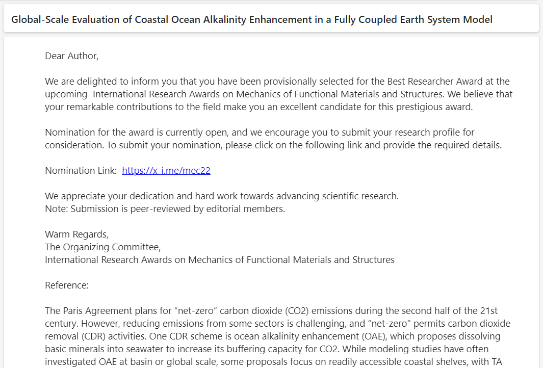 Wow - these scammers are fast! Our paper's only just out today and *already* I'm getting scam emails about an award based on it (ostensibly from a science organisation unrelated to the subject of the paper). Bonkers.