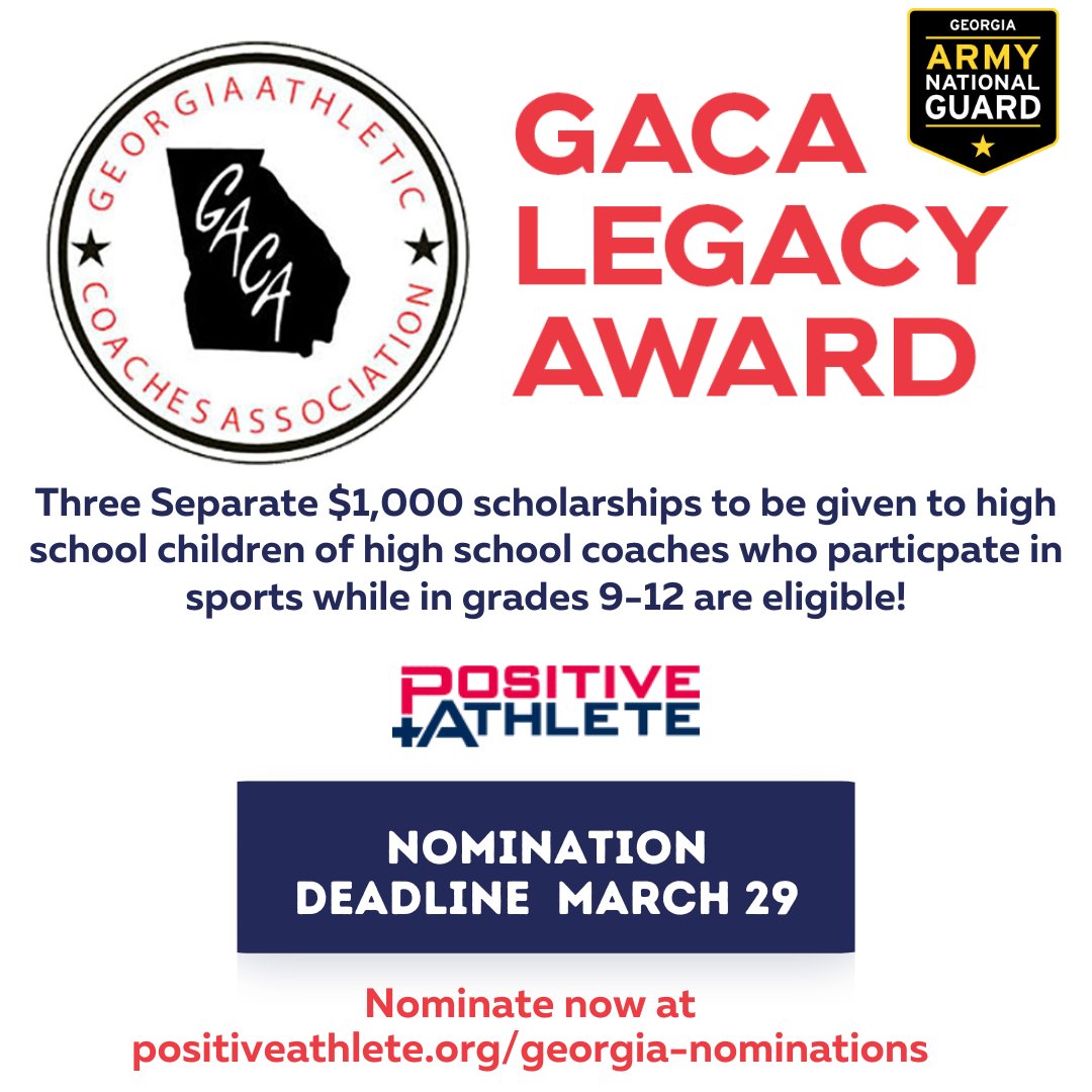 ONLY 3 DAYS left to Nominate! If you know a child of a High School coach who does a great job of representing the lasting legacy of their parent, nominate them now for a chance to win the GACA Legacy Award! Nominate at positiveathlete.org/georgia-nomina…