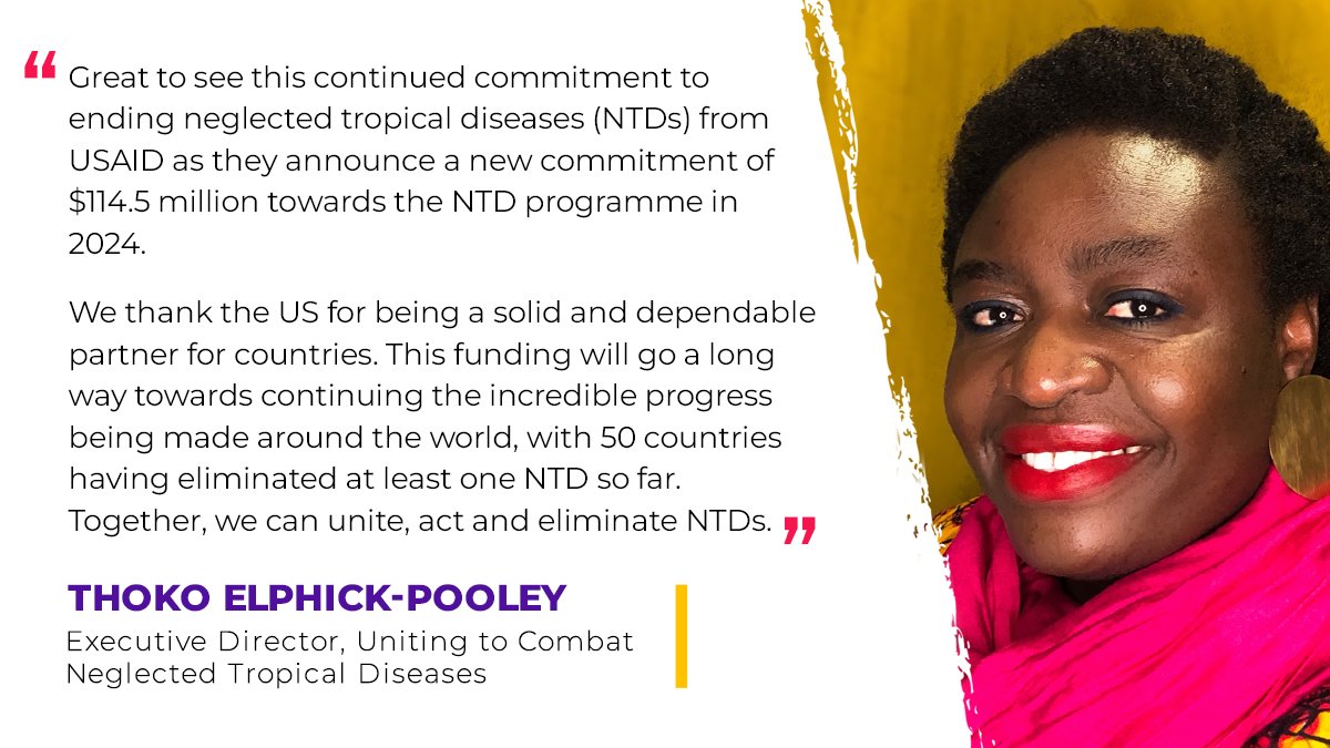 Great to see $114.5 million committed from @USAID & affirmed by House and Senate Appropriations Committee leaders towards the neglected tropical diseases (NTDs) programme in 2024 As @ThokoPooley says, we thank the US for being a solid & dependable partner for countries #BeatNTDs