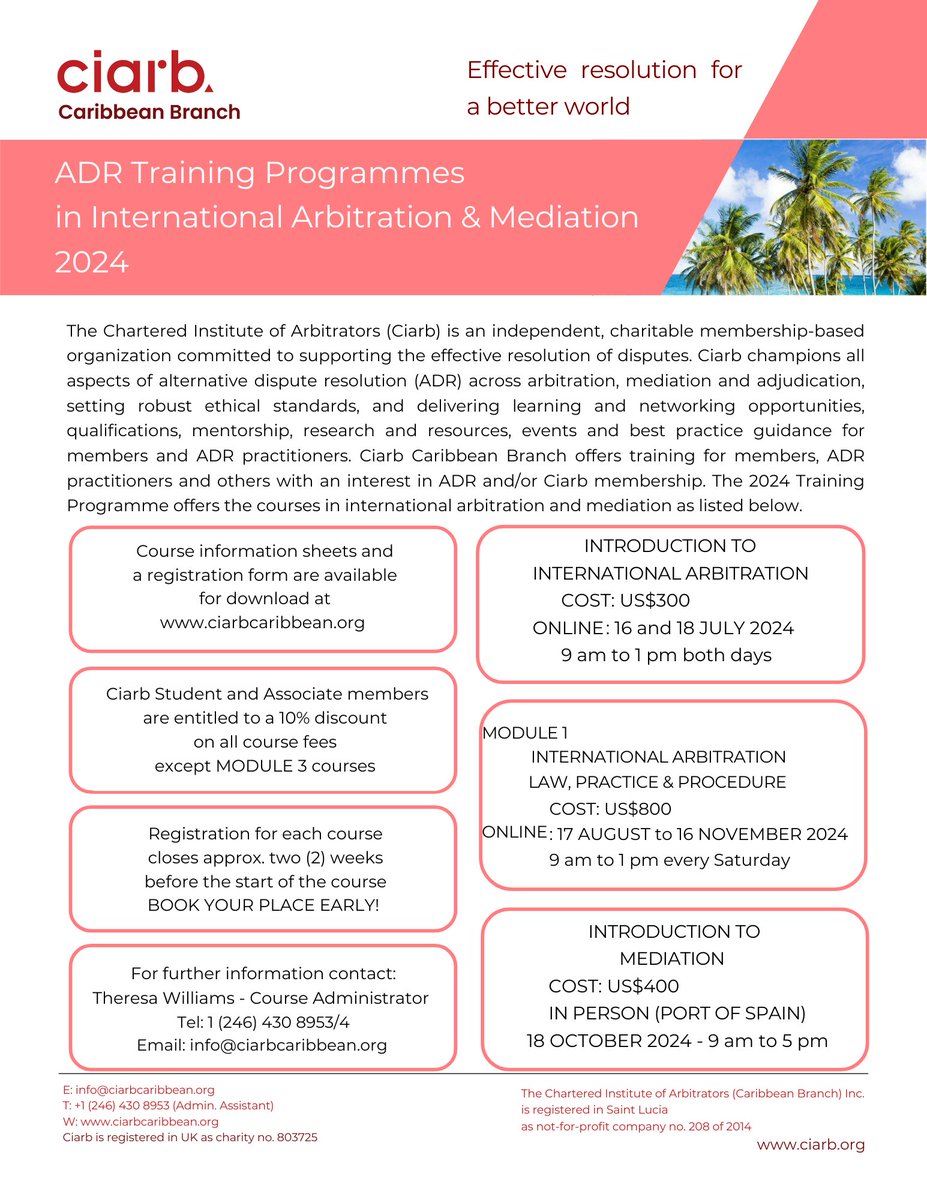 As an arbitral institution, we are thrilled to share news of incredible training opportunities organized by our esteemed colleagues at <a href="/ciarb/">Ciarb</a> Caribbean Branch💼✨

#BVIIAC #CIARB #ADRTraining  #ProfessionalDevelopment #Arbitration #DisputeResolution #Networking