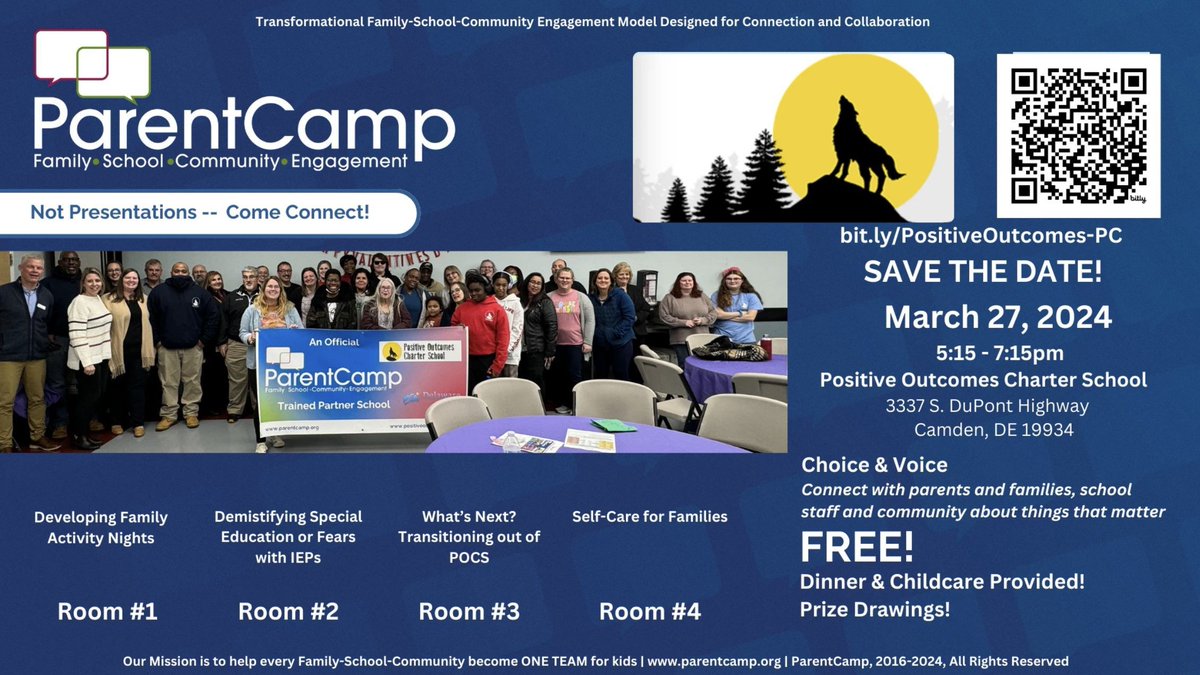 Tomorrow is @pocharterschool’s next #ParentCamp @5:15 PM bit.ly/PositiveOutcom… Join us for Room 4's 'Self-Care for Families' #FSCE #DEDelivers #Delaware #DEDOE #Education #ParentEngagement 'Families'