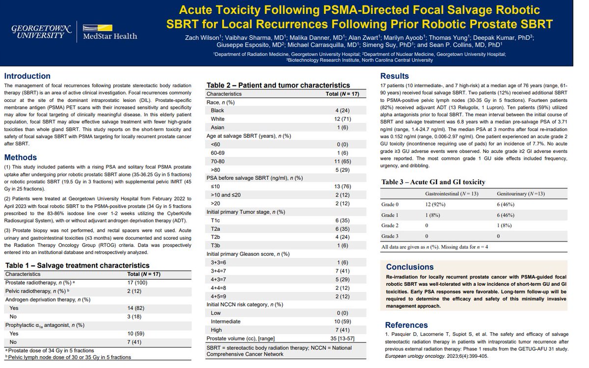 Radiosurgery Society Meeting 2024:

Low Incidence of High Grade Acute Toxicity Following PSMA-Directed Focal Salvage Robotic SBRT for Local Recurrence Following Prior Robotic Prostate SBRT

Great Job Zach!