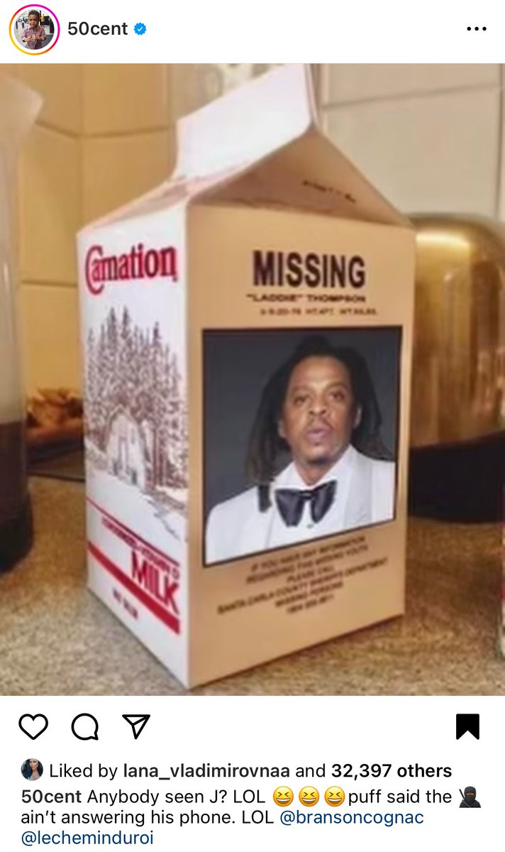 Rapper 50 Cent posts cryptic message about Jay Z, one day after fellow rapper P Diddy had his LA and Miami home raided by Homeland Security in connection with a federal s*x trafficking investigation”. 50 Cent posted a ‘Missing’ milk carton image of Jay Z with the caption: