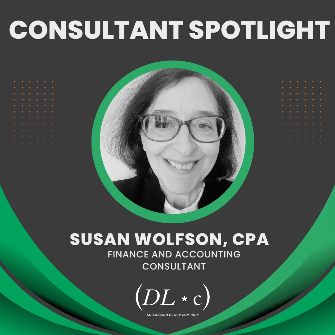 DLCofAddisonGrp's tweet photo. We are thrilled to highlight our Finance and Accounting Consultant, Susan Wolfson, CPA. Susan has been a valuable part of DLC since December 2022. Read the full interview below to learn more about Susan. https://t.co/oJARiVEG1i https://t.co/chSY5ltzYQ