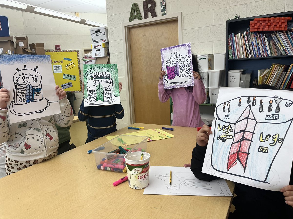 EMKArtists's tweet photo. Second grade artists learned about artist Wayne Thiebaud. They discussed value and form and drew their own themed cakes. Aren’t they beautiful?!
#EMKartists #studentart #EastWindsorRegionalSchools https://t.co/8e910Iilzm