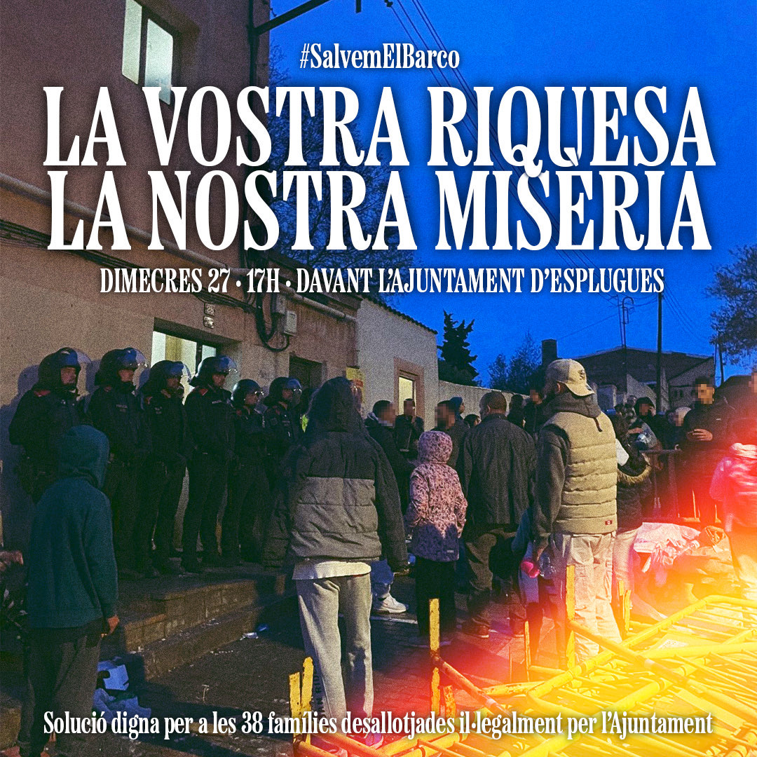 APEsplugues's tweet image. ❤️‍🔥LA VOSTRA RIQUESA, LA NOSTRA MISÈRIA!❤️‍🔥

👮🏽‍♂️❌ Demà a les 17h, MANIFESTACIÓ davant l’Ajuntament per a reclamar una solució habitacional digna per a les veïnes del Barco. 

📅 Dimecres 27 de març
🕠 17:00
🎪 Ajuntament d’Esplugues

@SalvemElBarco
#SalvemElBarco