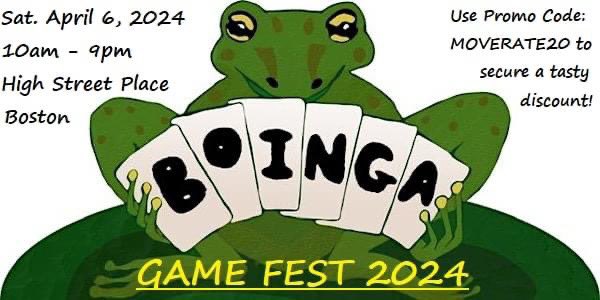 Boston BOINGA is back! 4/6/24, 10am-9pm!

Use discount promo code: MOVERATE20 

Info here:

facebook.com/events/7044467…

and here:

eventbrite.com/e/boinga-game-…

#tabletop #PAXEast
#missiontoplanethexx
#spacegame #spacegames #bgg #boardgamegeek #tabletopgames #boardgame #moverate20games