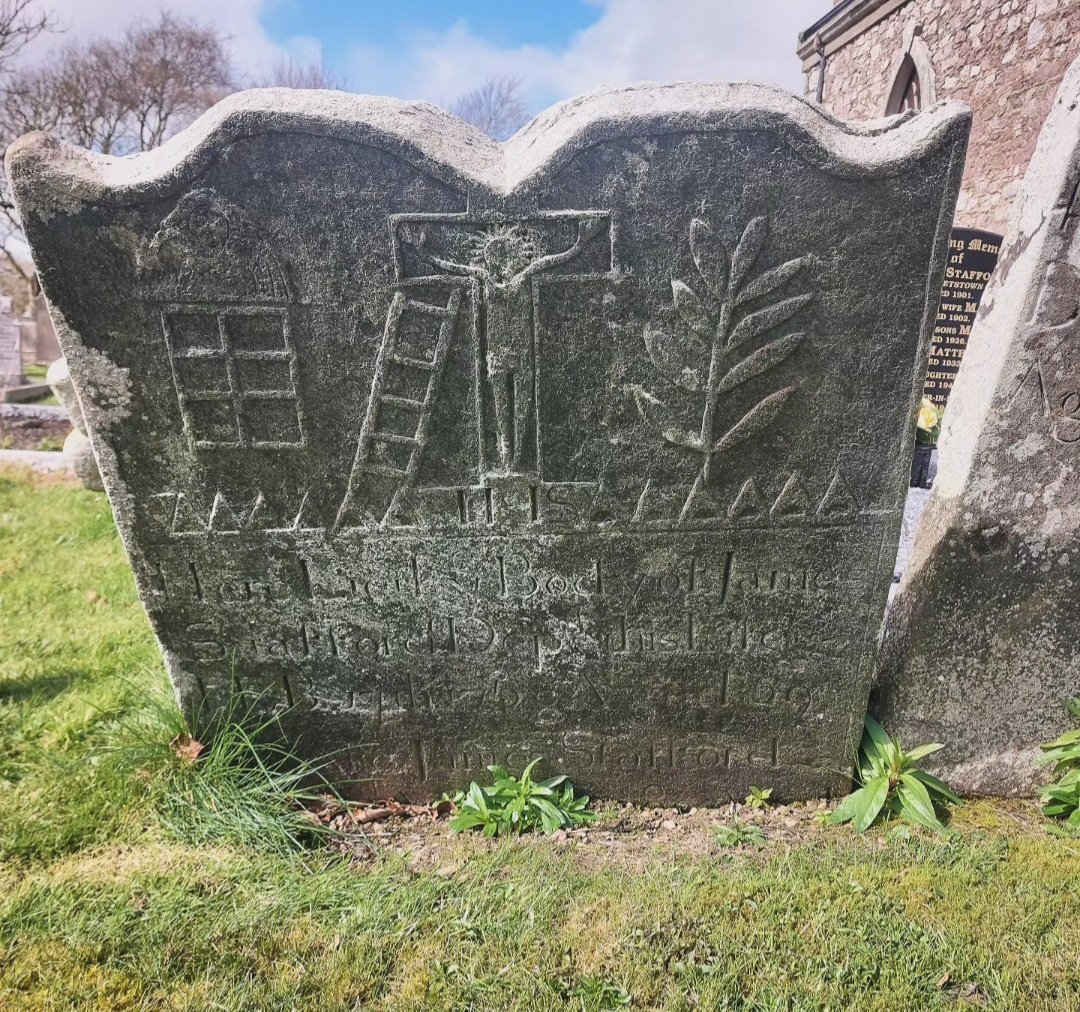 Lovely folk art depiction of the crucifixion on this headstone at Duncormick, Co Wexford. It's dedicated to James Stafford who died in 1750