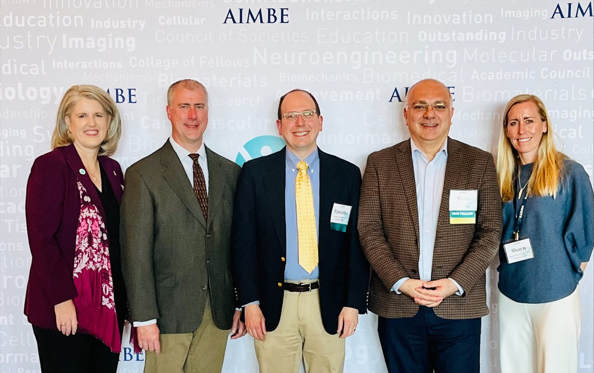 Now one-third of @UVABME faculty are @aimbe fellows! Congrats to Brian Helmke, Timothy Allen and Mete Civelek (left to right), flanked by Dean Jennifer L. West, left and BME chair Shayn Peirce-Cottler, for their induction to the prestigious College of Fellows.