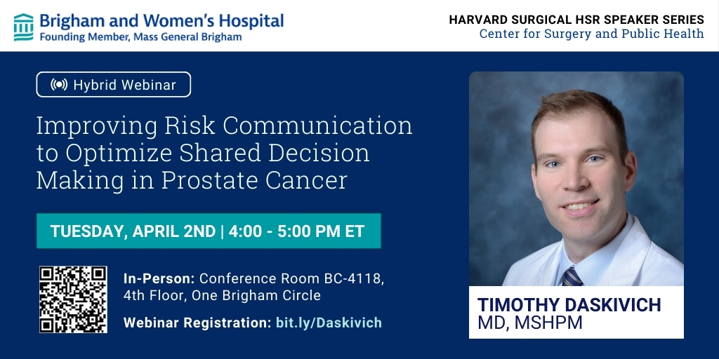 Join us next Tuesday, April 2 at 4PM to hear from our next HSR speaker @TimDaskivich on 'Improving Risk Communication to Optimize Shared Decision Making in Prostate Cancer'. Register for this hybrid webinar at bit.ly/Daskivich.