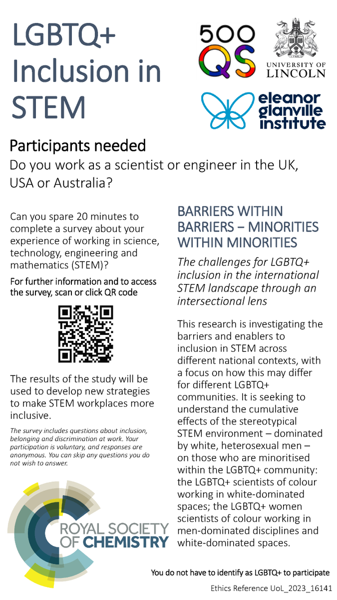 Pls RT! Do you work in STEM in the UK, USA or Australia? We are seeking participants for our survey about inclusion in STEM careers and workplaces. Access the survey and find out more here: unioflincoln.questionpro.eu/LGBTQclimate