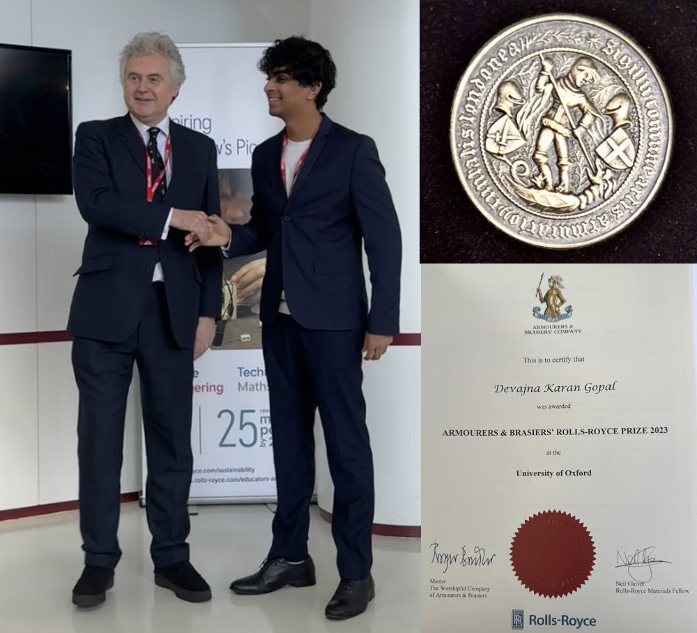 The College warmly congratulates Devajna K Gopal (Materials Science, 2022) on receiving the Armourers and Brasiers/Rolls-Royce Prize for an outstanding performance in his Materials Science Prelims: ow.ly/cJTK50R2kPb.