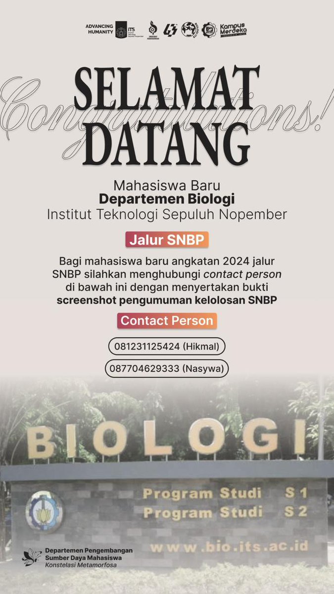 ambisvibesonly's tweet photo. Selamat Datang Mahasiswa Baru Biologi ITS 2024 Jalur SNBP🤩✨️
jangan lupa hubungi cp berikut yaa! https://t.co/wdSi9WbcA9