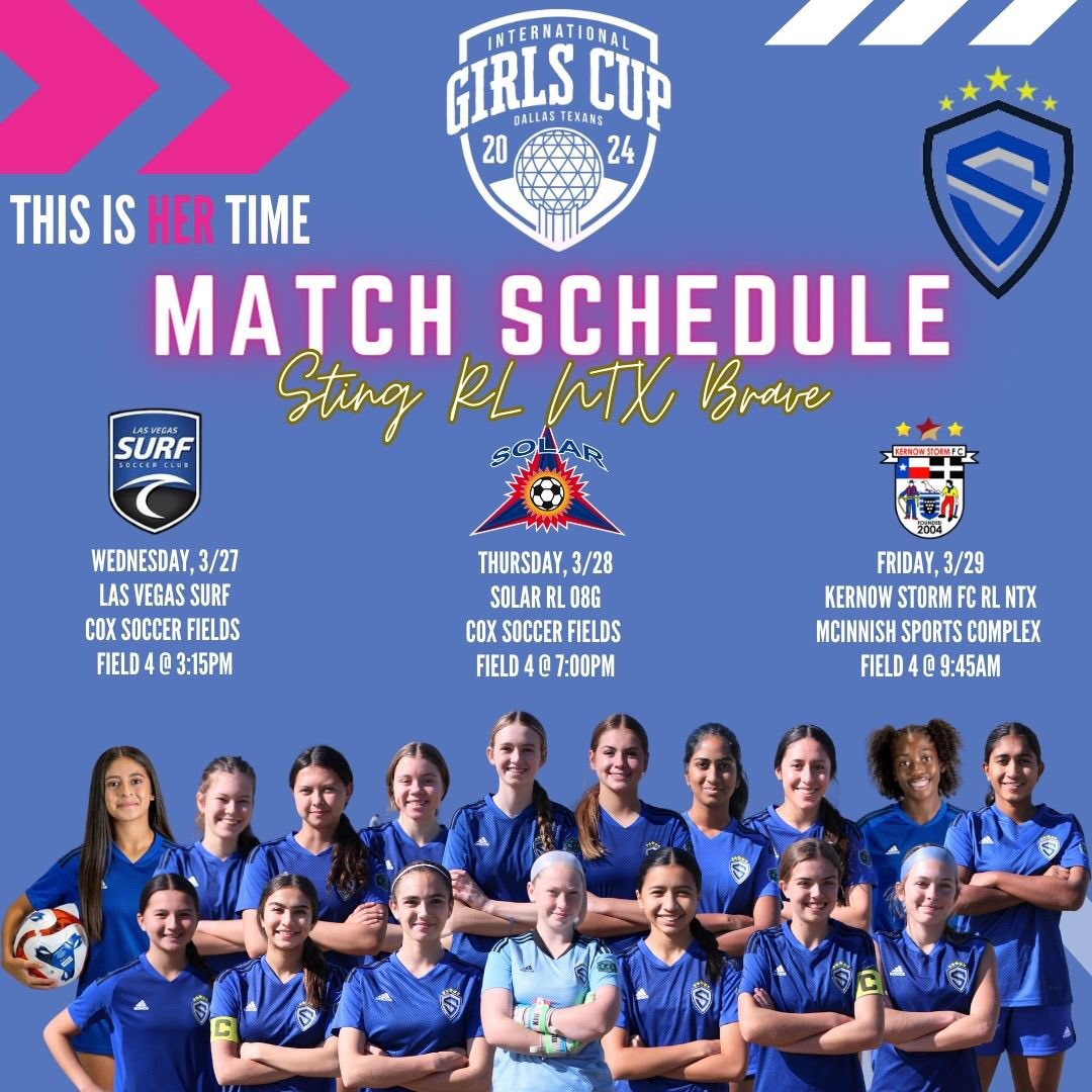 Just one more day until the Dallas International Girls Cup!  Mark your calendars and come out to watch us play!  #WeAreSting #BraveBoldOne #ThisIsHerTime @StingSoccerClub
