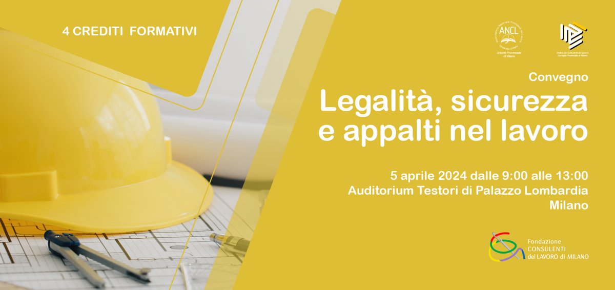 📢 Convegno gratuito su '𝐋𝐞𝐠𝐚𝐥𝐢𝐭à, 𝐒𝐢𝐜𝐮𝐫𝐞𝐳𝐳𝐚 𝐞 𝐀𝐩𝐩𝐚𝐥𝐭𝐢 𝐧𝐞𝐥 𝐋𝐚𝐯𝐨𝐫𝐨 𝐜𝐡𝐞 𝐜𝐚𝐦𝐛𝐢𝐚' 
📅 5 aprile, dalle 9:00 alle 13:00 
🏛️Auditorium Testori di Palazzo Lombardia
Parteciperà il Ministro del Lavoro #MarinaCalderone
➡ formazione.consulentidellavoro.it