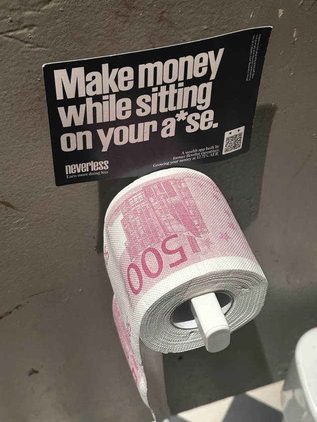 neverlessapp's tweet photo. Talk about toilet humour.  Our team went a bit rogue putting these in over 15+ pubs in Dublin 🧻 https://t.co/7JJSrl6ans