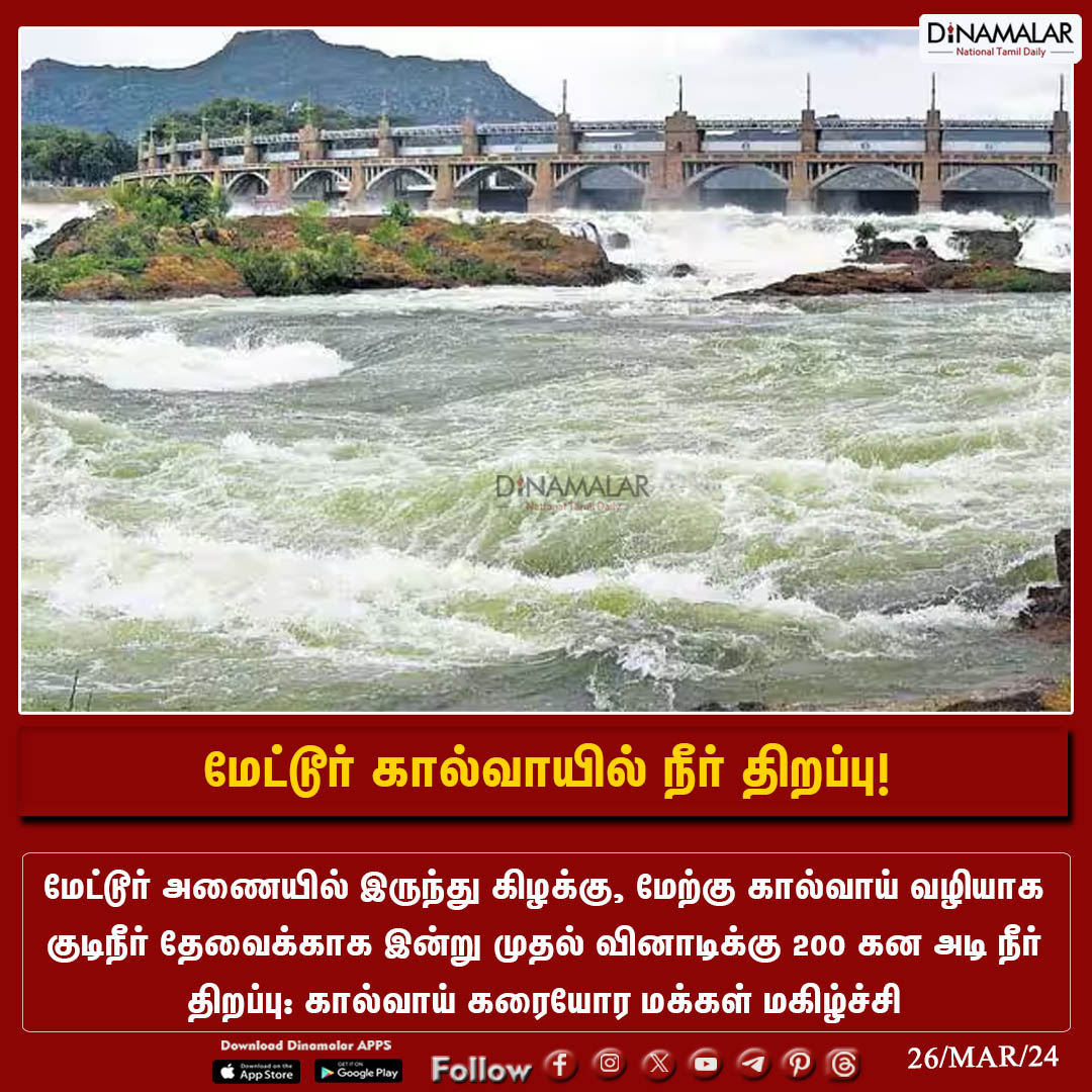 dinamalarweb's tweet photo. மேட்டூர் கால்வாயில் நீர் திறப்பு!
#Mettur | #Wateropening | #Metturcanal
https://t.co/Gnpw77g3YH https://t.co/PqsSLB6Waa