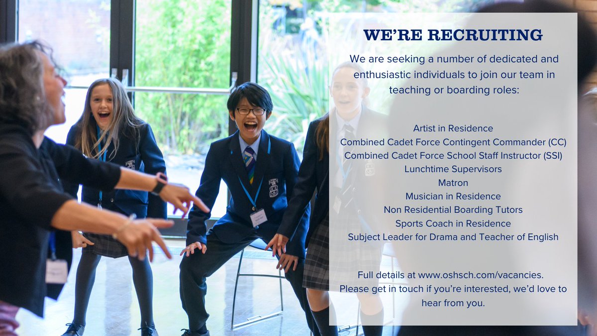 OSH is #recruiting for a number of posts across education and boarding. Full details are available at oshsch.com/vacancies. If you're enthusiastic about educating young people and looking for a new opportunity, we'd love to hear from you. @GoodCareersUK @BSAboarding @tes