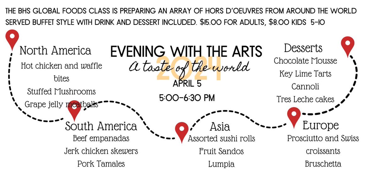 BotkinsSchool's tweet image. The Evening with the Arts is drawing nearer! The Global foods class will be serving Hors D’oeuvres at 5:00 and performances begin at 6:00. The auction is at 8:00. New this year will be a pre bidding option on the larger items. Pictures and information will be posted soon.