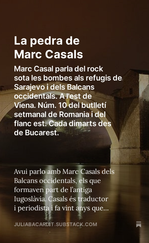 Vaig parlar amb el traductor i periodista @MarcCasalsIg dels Balcans occidentals. Sona Elvis J. Kurtovich per recomanació del convidat: 'Kad se babo vrati kuci pijan', ‘Quan el papa arriba begut a casa’. Escolteu-nos: juliabacardit.substack.com/p/la-pedra-de-…