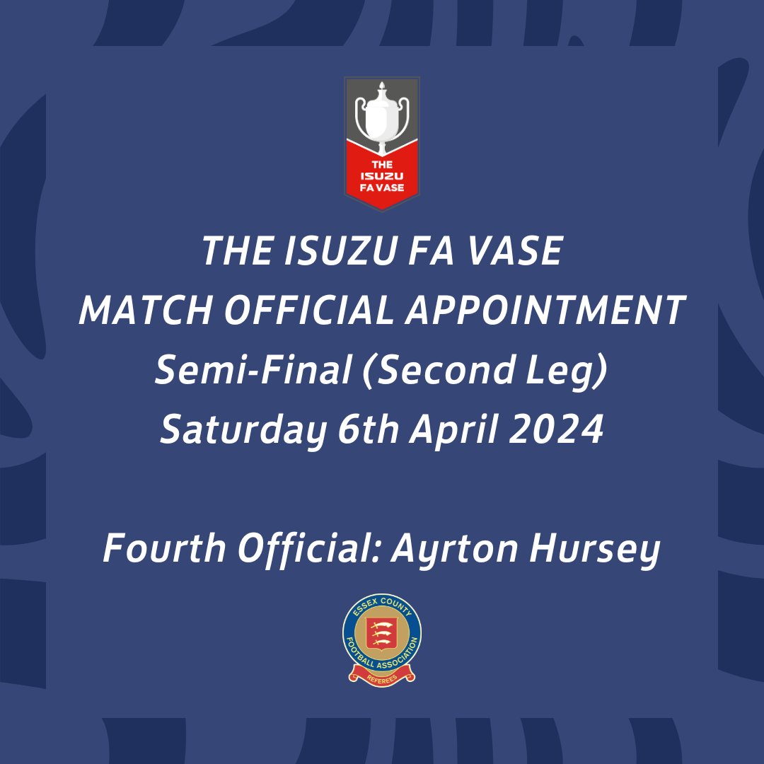 Congratulations to @EssexCountyFA referee, Ayrton Hursey, who has been appointed as the fourth official for The Isuzu FA Vase Semi-Final Second Leg between Great Wakering Rovers and Worcester City 👏