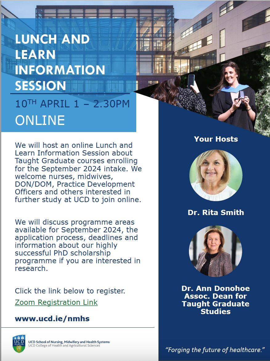 We are delighted to announce we will host an online Lunch and Learn Information Session on 10th April 1 - 2.30pm about Taught Graduate Programmes enrolling this Sept 2024. Nurses, midwives, DON/DOM, Practice Development colleagues all welcome. 🌐 Zoom link bit.ly/49aQv7G