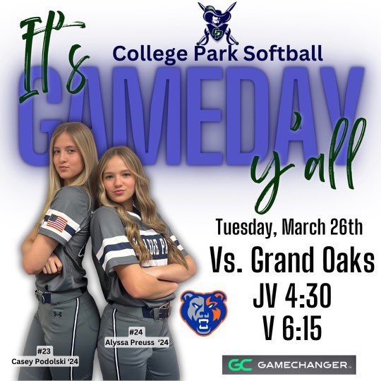TWCP Softball (@twcpsoftball) on Twitter photo Round 2 of district starts tonight!! Time to finish strong.
🥎 vs Grand Oaks
📆 Tuesday, Mar 26
⏱ JV 4:30/Var 6:15
📍 Diamonds at CP
#AwwwCP #NeverBlend #Believe
<a href="/ConroeISDSports/">Conroe ISD Athletics</a> <a href="/TWCP_ATHLETICS/">College Park Athletics</a> <a href="/CollegeParkHS/">College Park HS</a> <a href="/CPSNFootball/">CPSN - College Park Sports Network</a>
Photo by <a href="/amazyngpix/">amazyngpix</a>. Round 2 of district starts tonight!! Time to finish strong.
🥎 vs Grand Oaks
📆 Tuesday, Mar 26
⏱ JV 4:30/Var 6:15
📍 Diamonds at CP
#AwwwCP #NeverBlend #Believe
<a href="/ConroeISDSports/">Conroe ISD Athletics</a> <a href="/TWCP_ATHLETICS/">College Park Athletics</a> <a href="/CollegeParkHS/">College Park HS</a> <a href="/CPSNFootball/">CPSN - College Park Sports Network</a>
Photo by <a href="/amazyngpix/">amazyngpix</a>.