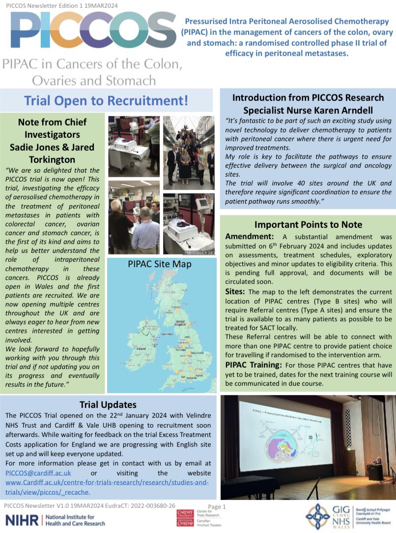 The PICCOS trial is now open to recruitment in Cardiff 🎉 PICCOS aims to find out whether PIPAC is better at managing peritoneal metastases than usual chemotherapy. The PICCOS newsletter includes trial information for staff. For more information visit: cardiff.ac.uk/centre-for-tri…