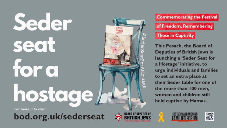 This year, please consider adding a seat at your Seder table to remember those in captivity. #SederSeatforaHostage #Pesach #festivaloffreedom