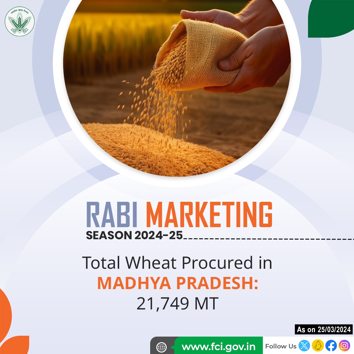 FCI along with State Agencies procured 21,749 MT Wheat in Madhya Pradesh during RMS 2024-25 from farmers and money has been directly credited into their bank accounts.