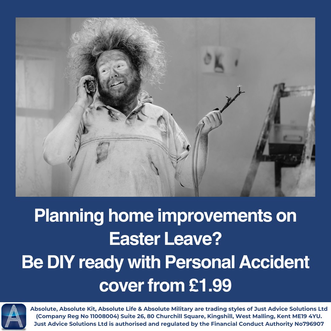 _absoluteinsure's tweet image. ATTENTION ALL DIY-ERS! Don't let your Easter home improvement projects turn into a horror movie. Protect yourself with our Personal Accident Insurance from just £1.99. #DIYdisasters #InsuranceToTheRescue
Contact us -
Phone: 012333 885410
Email: info@absolutemilitary.co.uk