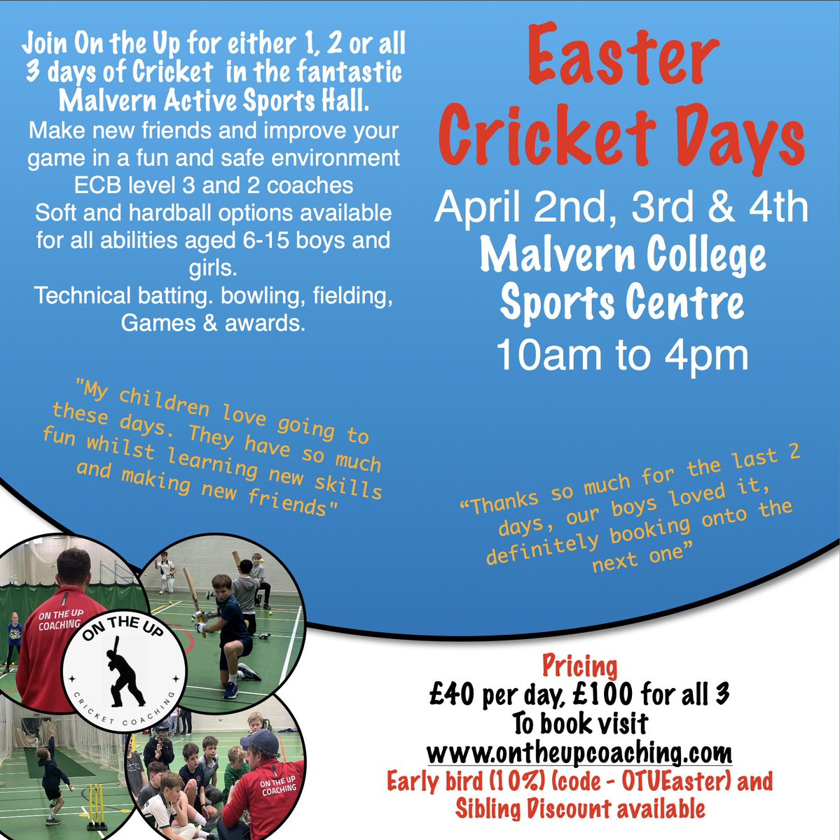 OntheUpCricket's tweet photo. ***EASTER CRICKET DAYS***

1 Week to go, still places available.

2nd, 3rd &amp; 4th April 10am-4pm

@MalvernActive sports centre 

To book please visit;

https://t.co/QCL2R02McW https://t.co/GiKdNAXhUj