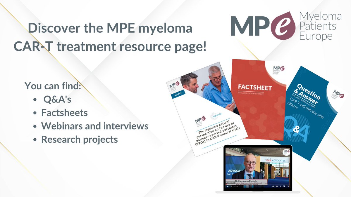 Discover the MPE myeloma CAR-T treatment resource page! Learn about CAR-T, an innovative form of immunotherapy for myeloma. Access: 🔍 Q&A's 📑 Factsheets 💬 Webinars and Interviews 🔬 Research Projects Explore now: mpeurope.org/car-t-cell-the…