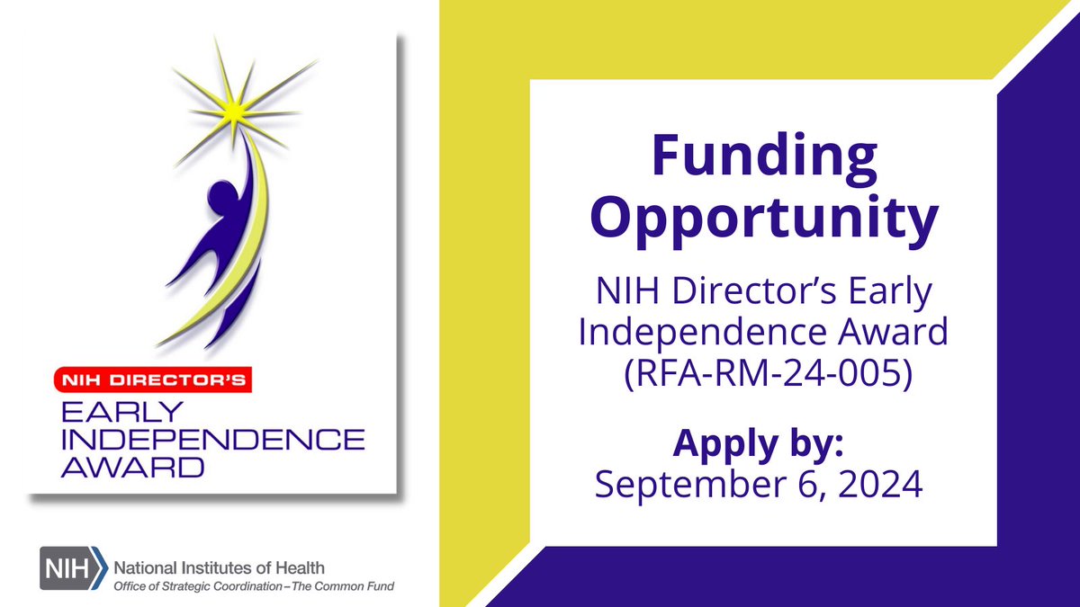 Our #NIHHighRisk Research Program released a #FundingOpportunity for the NIH Director’s Early Independence Award. Consider applying if you’re a junior scientist ready to launch an independent research career. Learn more: grants.nih.gov/grants/guide/r…