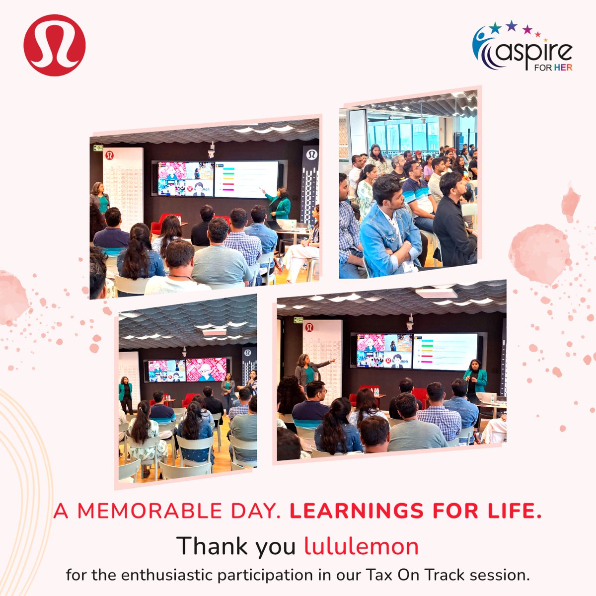 Some moments from our recent tax session at lululemon India, where Shilpa Bhaskar Gole & Nisha Dhanuka guided their employees on tax-related knowledge, optimisation tactics & more. The session was a huge success! Equip your employees with tax knowledge: aspireforher.com