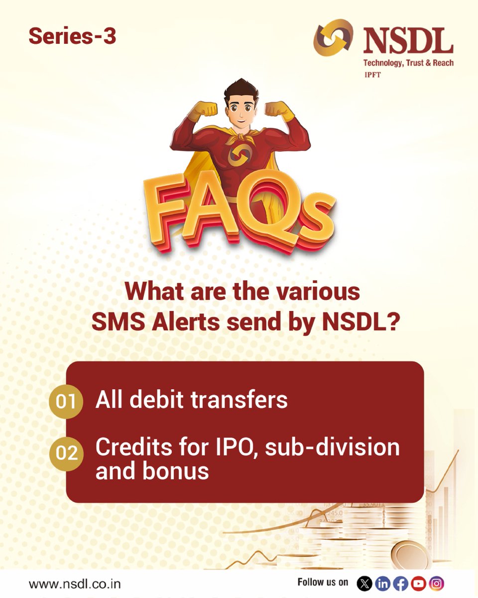 NSDL_Depository's tweet image. The SMS alert facility offered by NSDL is beneficial for individuals as it helps them stay updated on their investment portfolio, track transactions, receive timely reminders for regulatory compliance, and ensure the security of their financial assets. 

#NSDL #SMSAlert #SEBI…