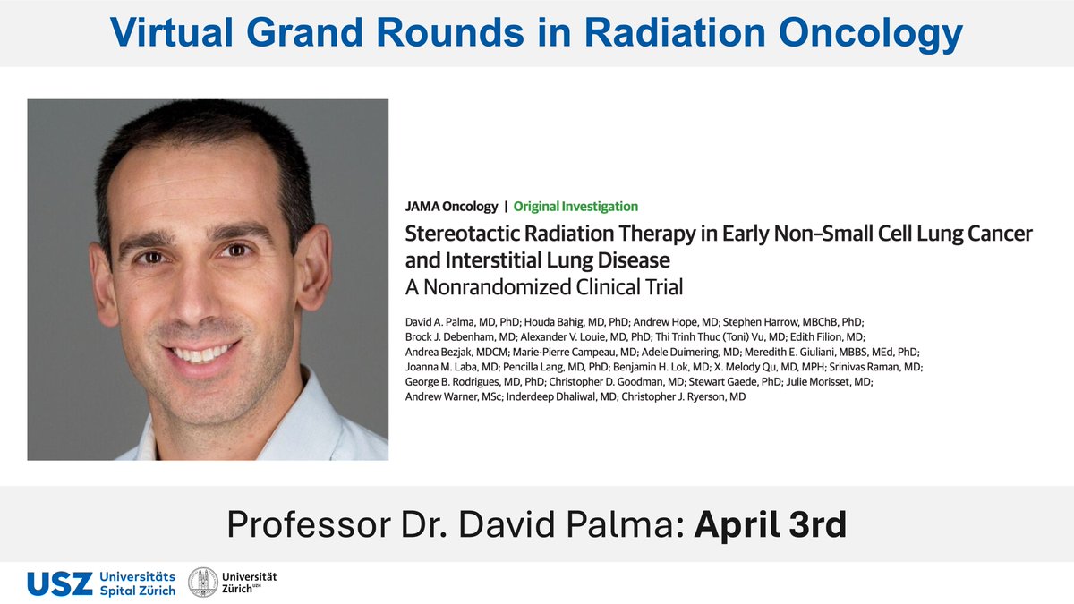 Virtual Grand Rounds in #radonc Pulmonary SBRT in pts with interstitial lung disease: results of the ASPIRE-ILD trial Presented by Professor David Palma @drdavidpalma April 3rd - 17:00 - 17:30 CET Meeting link 👇 usz.ch/veranstaltunge… Endorsed by @degro_ev @ESTRO_RT SASRO