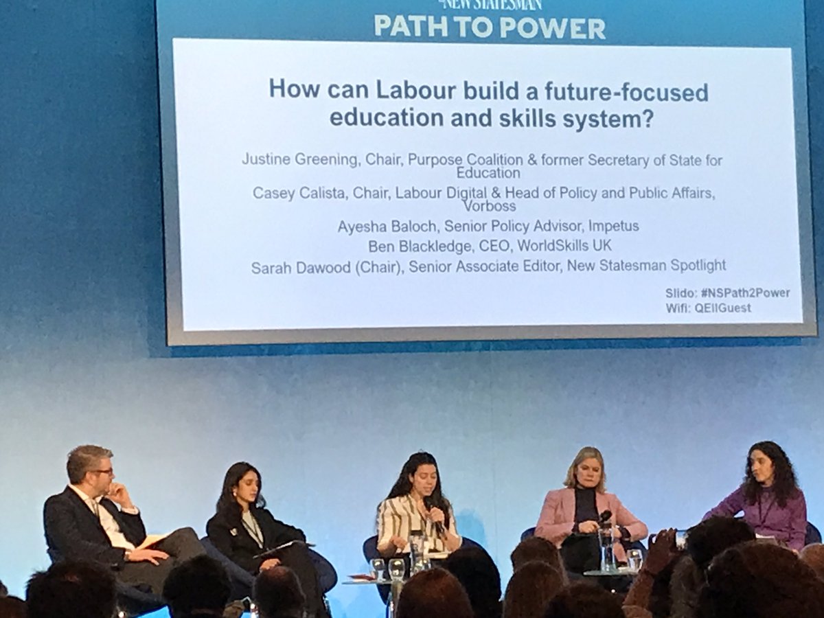 “We need to stop seeing #education and skills as a cost and (see them) as an investment,” says former Conservative minister @JustineGreening at the start of a panel chaired by @sarahdawood1 asking ‘How can Labour build a future-focused education and skills system?’ #NSPath2Power