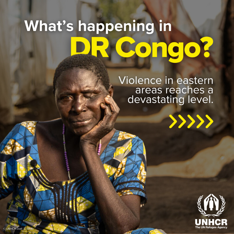 Refugees's tweet photo. We’re calling for an immediate end to the violence in eastern DR Congo and urge all parties to the conflict to respect and uphold international humanitarian law and human rights, and to protect civilians.