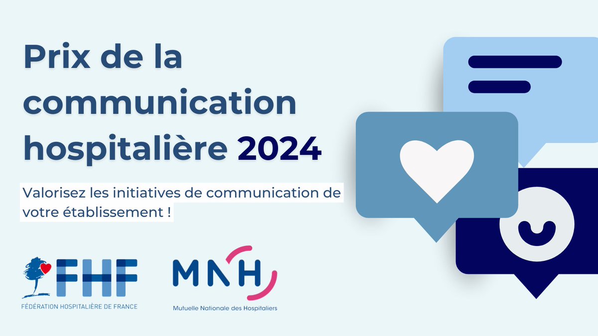 📣 Participez aux prix de la communication hospitalière 2024 en partenariat avec la @MNHmutuelle 🤝 Et rendez-vous le 23 mai à #SantExpo pour découvrir les lauréats 👏🏆 Dépôt de candidature avant le 25 avril 2024⏰▶️ tinyurl.com/5e8nfxsk