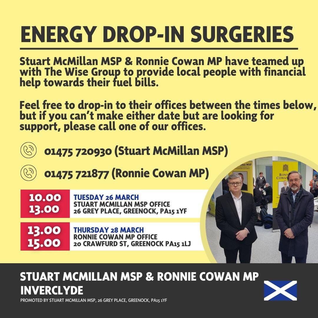 Energy support and drop-in Surgeries ℹ️ below ⬇️ session times and places it’s being held. Please feel free to access this help if needed. @ronniecowan @InverclydeHSCP @YourVoiceInver @SFADInverclyde