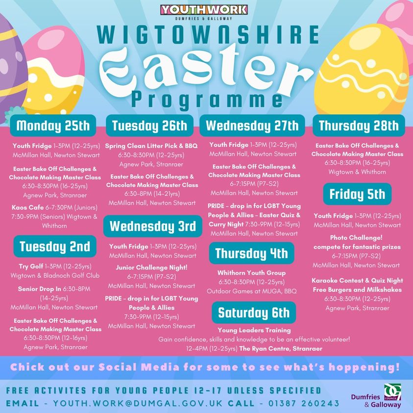 Our Egg-citing Easter Programmes have started this week, all over our region! 🐣 From Monday 25th March - Saturday 6th April, there will be a chance for every-bunny to take part in super fun activities! 🐰 #Easter #EasterProgrammes #DumfriesAndGalloway #YouthWorkDG
