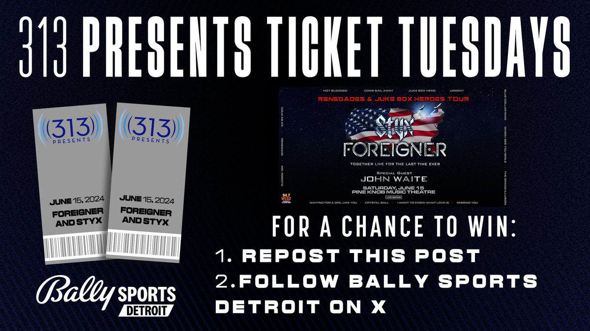 🎟️ 313 PRESENTS TICKET TUESDAYS 🎟️

Your chance to win tickets to an upcoming <a href="/313Presents/">313Presents</a> event/concert!

How to enter:
➖ Repost this post
➖ Follow @BallySportsDET

No purchase necessary. MI and OH residents only. 18+. See full rules at bit.ly/313tickets.