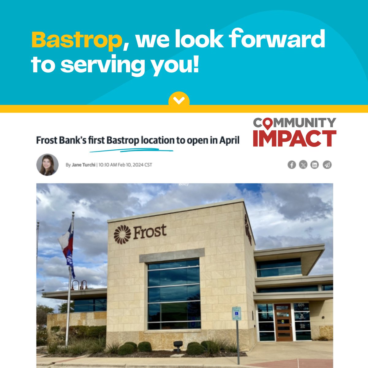 Our newest Austin financial center—Frost #Bastrop—is set to open this April with more Frost Bank locations coming soon across Austin. Learn more about our #Austin expansion via @impactnews: spr.ly/6018ZBRJO #ExactlyWhatYouUnexpected #AustinTx #banking