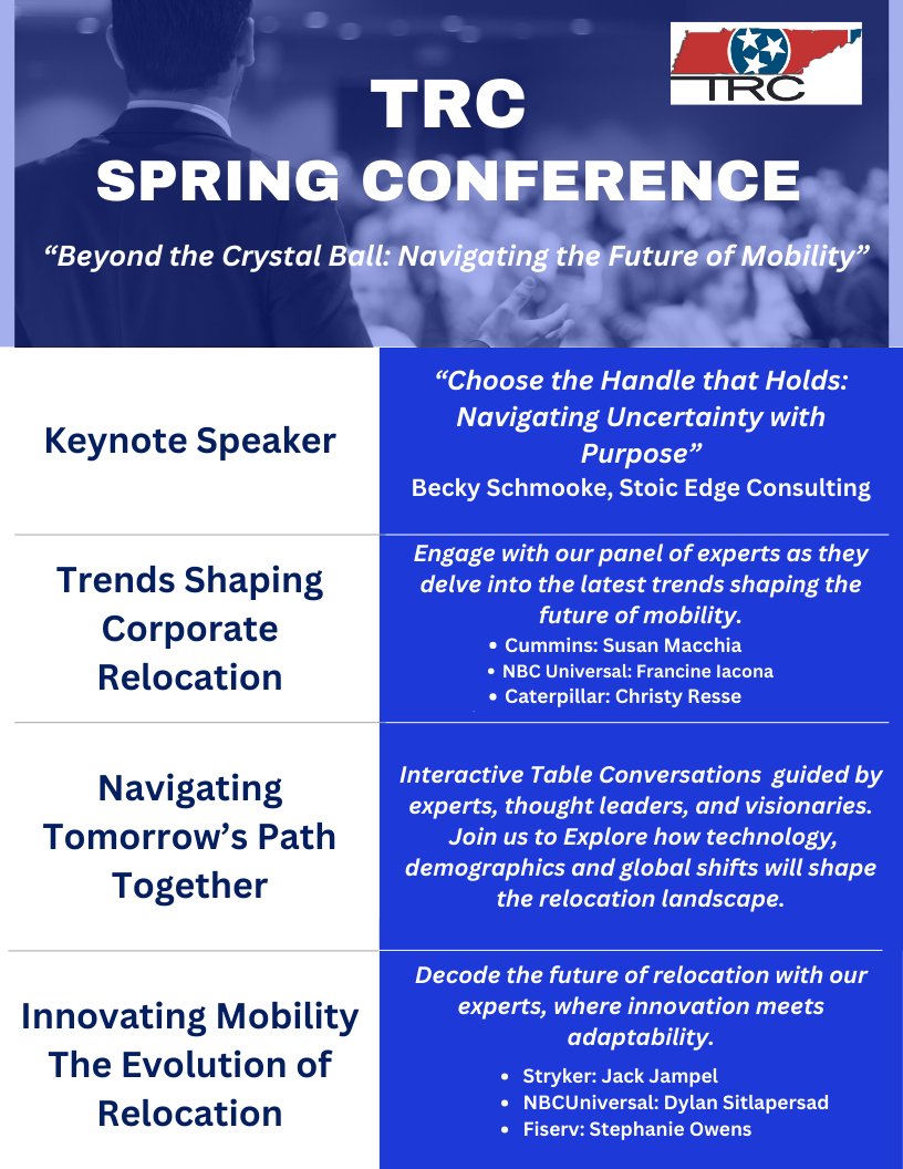 TNReloCouncil's tweet photo. "Beyond the Crystal Ball: Navigating the Future of Mobility!"
REGISTER AND BOOK YOUR HOTEL TODAY!!  DON'T DELAY...THE HOTEL GROUP RATE IS ONLY GOOD THROUGH APRIL 3RD!!
VISIT OUR WEBSITE AT: https://t.co/GO9j87pRNT
#TRC2024 #GlobalMobility https://t.co/zB3uHsam5F