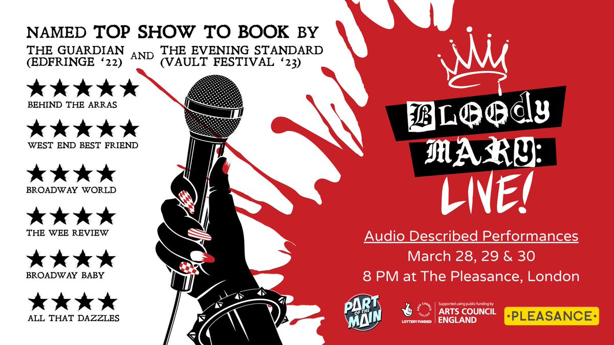 From @POTMTheatre: Join Teen Queen Mary Tudor for a bloody good stand-up set about boys, dads, and burnings at the stake in the 5-star show #BloodyMaryLIVE! @ThePleasance on March 28-30. All performances #AudioDescribed. Book now🔗ow.ly/wwbK50QZOPX